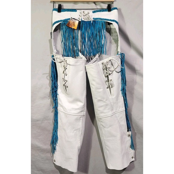 Leather King Western Biker Chaps White w Turquoise Fringe Small Side Zip NEW - Picture 5 of 9